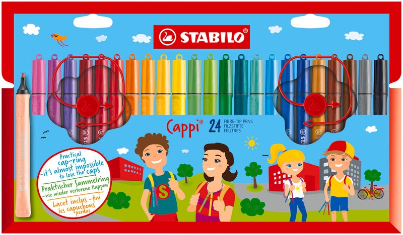 ستابيلو قلم من الألياف مع حلقة غطاء - STABILO Cappi - عبوة مكونة من 24 قلمًا - ألوان متنوعة + حلقتين للغطاء - Image 1